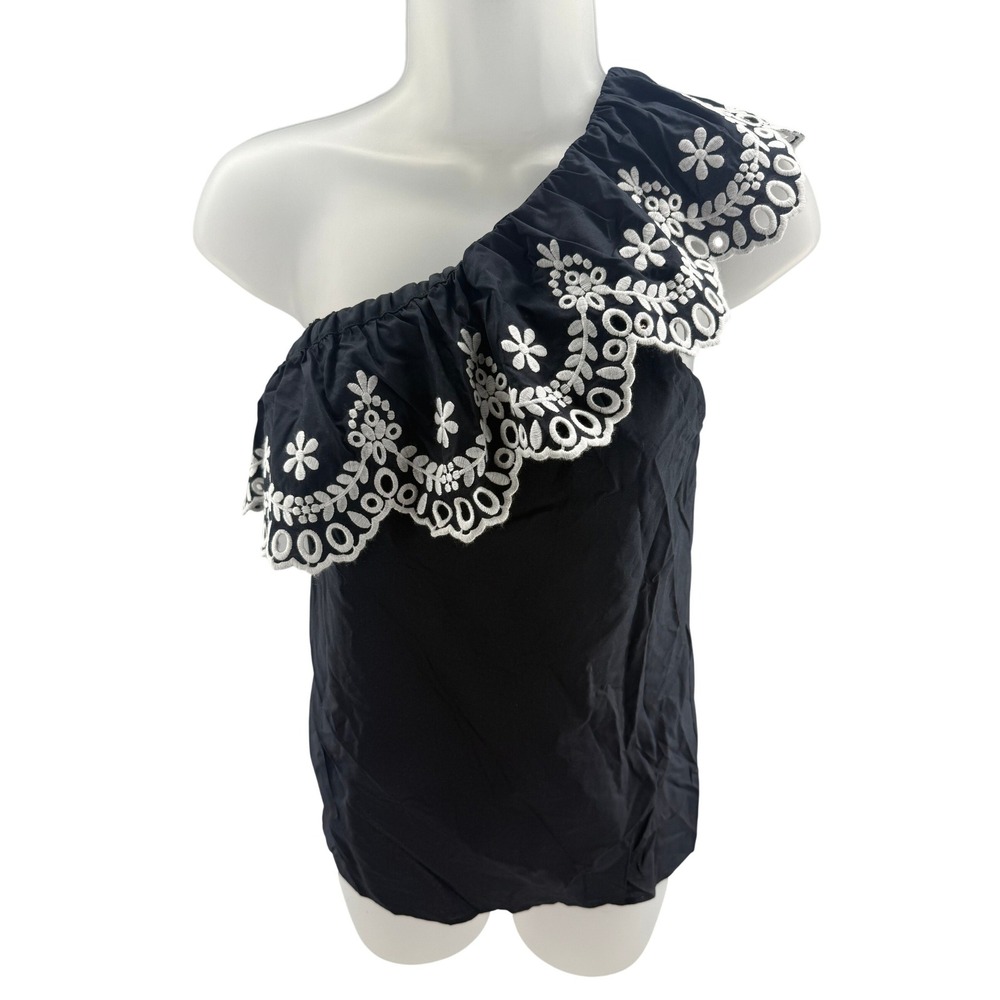 Kate Spade New York Womens One Shoulder Eyelet Ruffle Top Black Small NEW